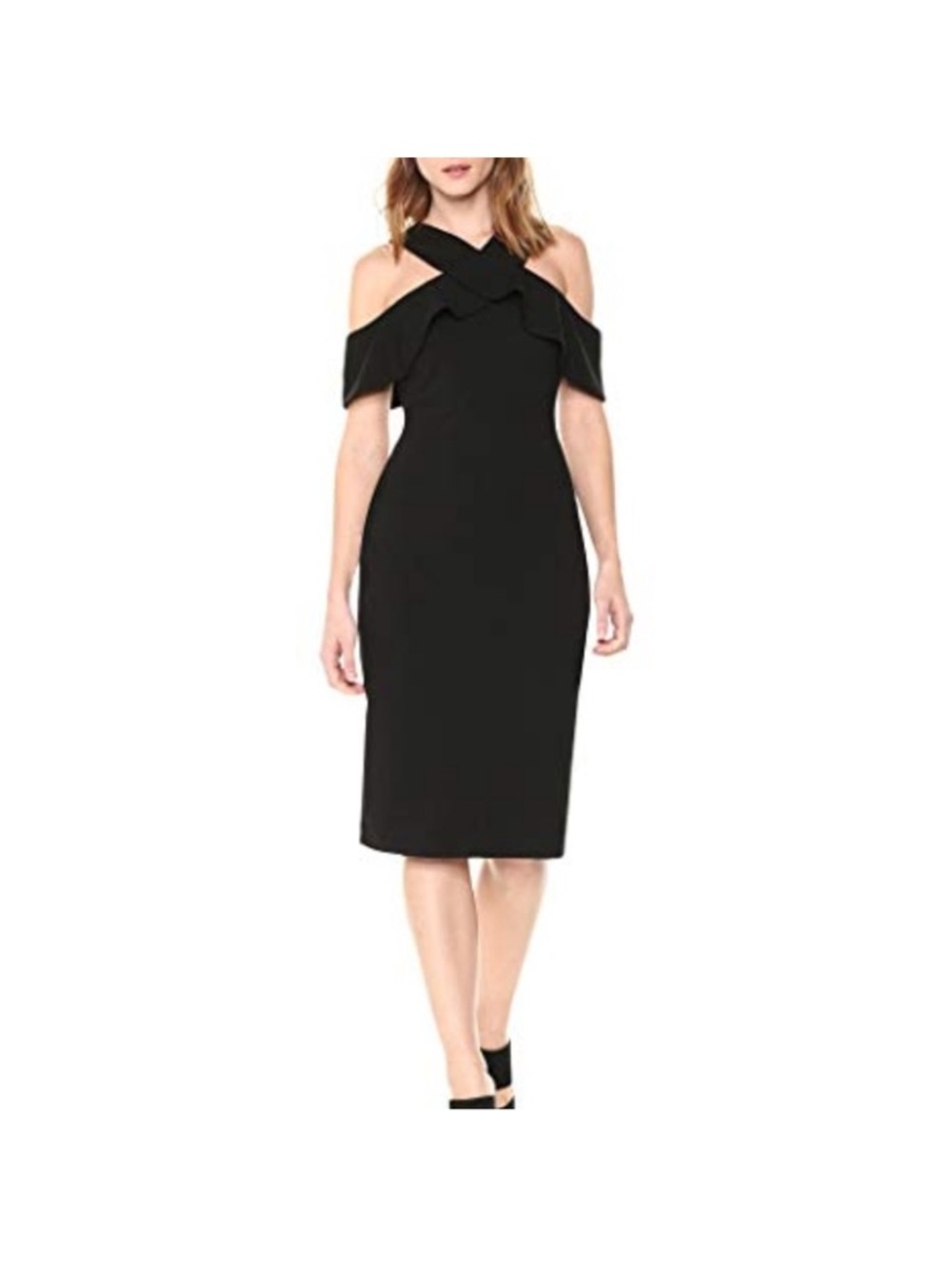 RACHEL Rachel Roy Black Shoulder Cross-Front Midi Dress